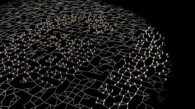 Pulling back, camera revealing edge-lit network at dark studio, to show dense white nodes