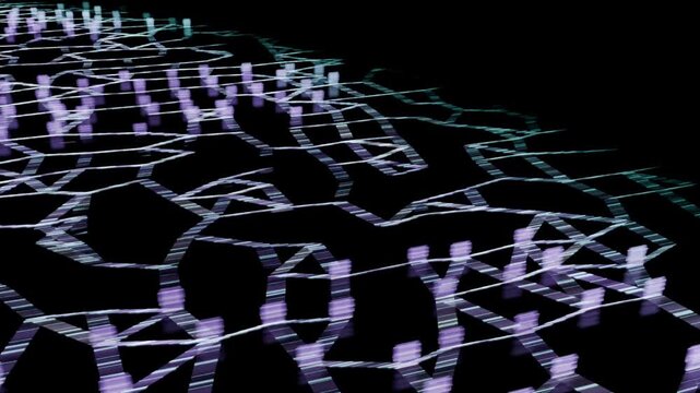 Starting from black frame, single cyan pillar marker appearing on glossy plane, mesh forming PEOPLE