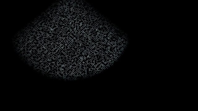Emerging speck starting illuminated crackled pattern spreading across black field, showing network
