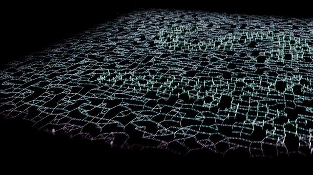 Appearing in dark void, point expanding into mesh of nodes resolving into letters, camera tilting