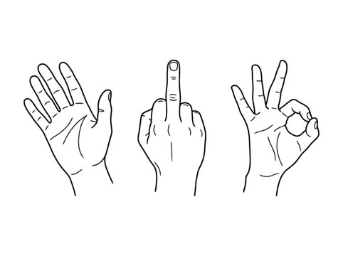 Three hand gestures, obscene sign, okay and waving isolated on transparent background, Vector