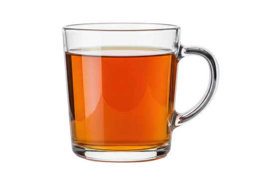Glass mug filled with amber tea on transparent background high quality