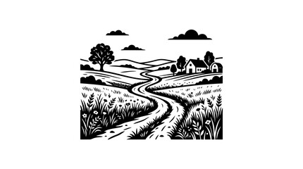 Naklejka premium black and white illustration of countryside landscape.