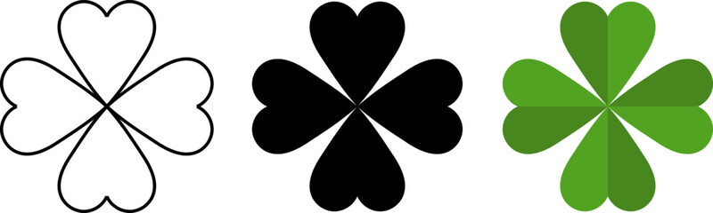 Fototapeta premium Four leaf clover icon. Clover silhouette. Leprechaun symbols. Green lucky clover sign