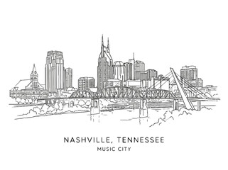 Obraz premium Nashville tennessee city skyline illustration isolated on transparent background, Vector