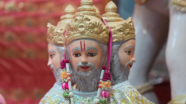 Colorful Four-Faced Lord Brahma Idol Displayed During Hindu Religious Festival in India