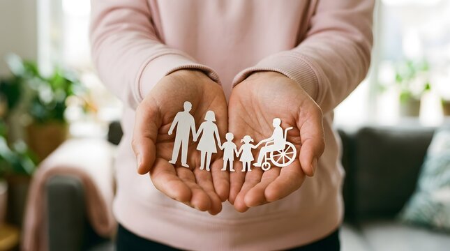 Inclusive family support hands holding paper cutouts representing diverse family members and accessibility