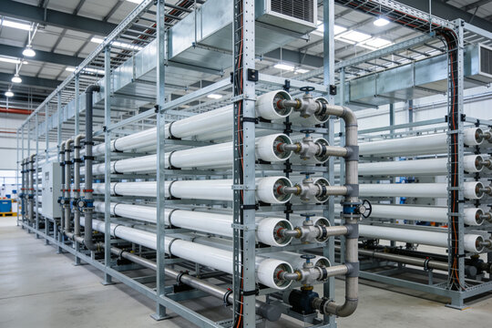 Industrial water filtration system with multiple membrane housings and piping