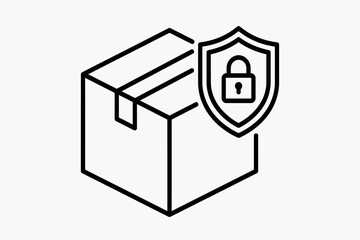 Cardboard box with shield and padlock line icon representing secure delivery and package protection parcel shipping protection security lock © Mun taha Design