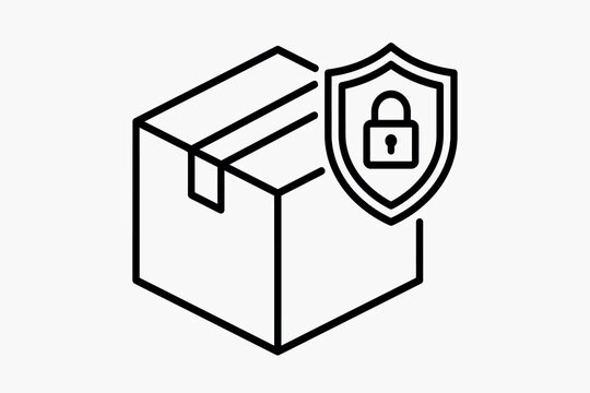 Cardboard box with shield and padlock line icon representing secure delivery and package protection parcel shipping protection security lock