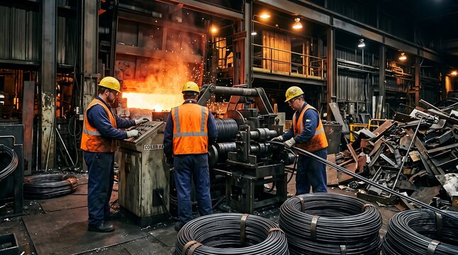 Industrial Steel Manufacturing Team Working With Molten Metal and Heavy Machinery in a Modern Factory Setting