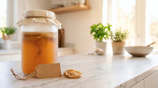 Glass Jar With Living Kombucha SCOBY Culture