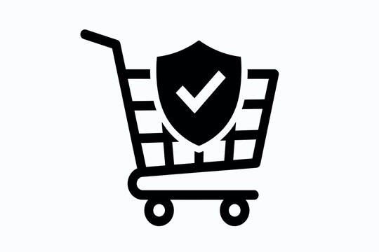 Shopping cart with shield and checkmark a black silhouette on a transparent background for digital use trolley retail commerce