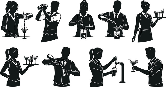 Bartender silhouette collection showing cocktail mixing, drink pouring, and serving actions on white background