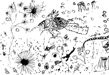 Underwater marine life landscape sketch. Hand-drawn ocean background with fish, sea urchins and jellyfish © Kazakova Maryia
