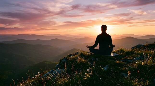 Silhouette of a woman meditating on a mountain peak during a vibrant sunset