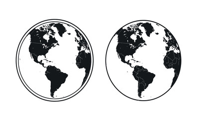 Two monochrome world globe silhouettes against a white background displaying continental landmasses africa americas antarctica asia australia continent earth © Mun taha Design