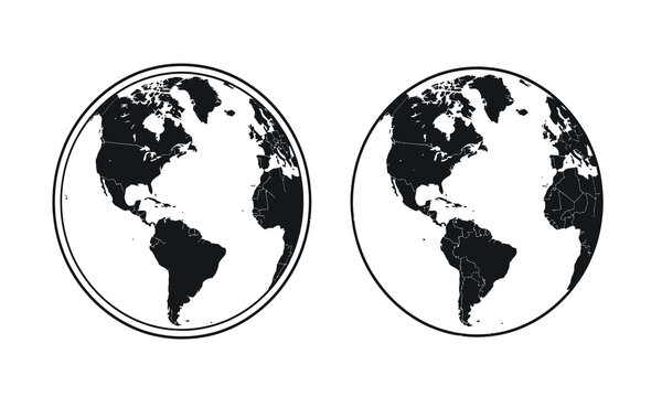 Two monochrome world globe silhouettes against a white background displaying continental landmasses africa americas antarctica asia australia continent earth