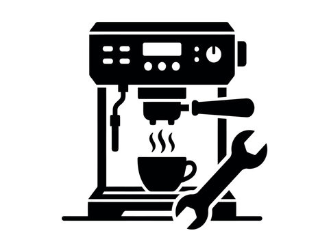 Espresso machine and wrench silhouette against a white background representing repair and maintenance services appliance coffee caffeine tool service