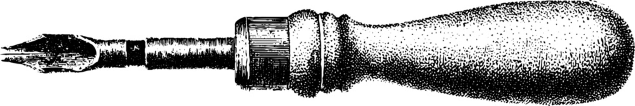 Vintage steel die sinker engraving in black and white stippling showing a handled burin tool for design background and craft reference