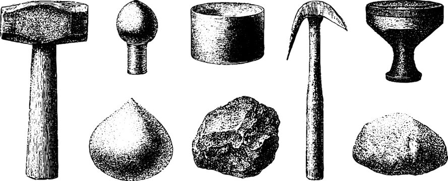 Collection of steel die sinker tool heads and metal stamps engraved in black and white stippling for reference, design layouts and industrial study