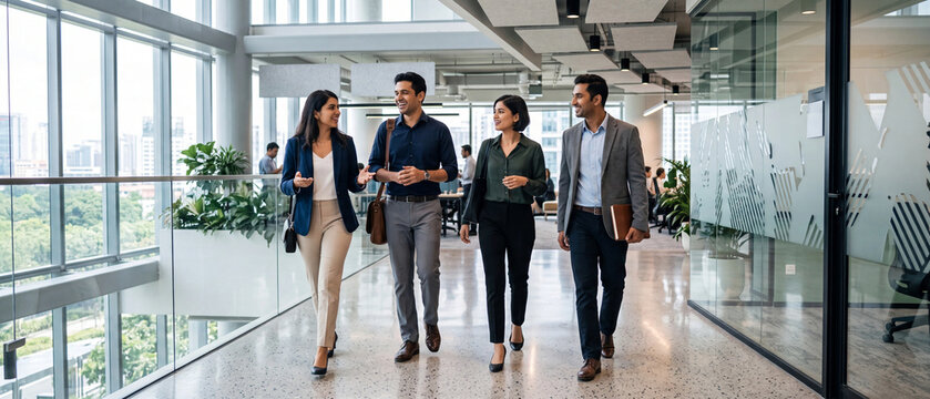 Indian Business Professionals Walking And Discussing Together In Modern Corporate Office generative ai