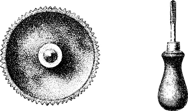 Stippled black and white engraving of circular saw wheel and screwdriver handle for vintage tool reference and industrial design