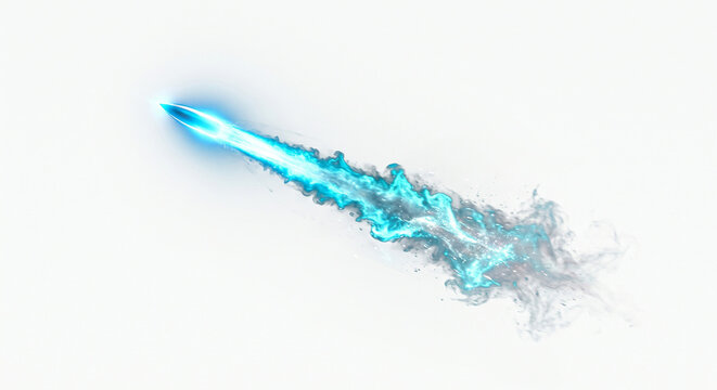 Glowing blue bullet projectile with smoke trail on white