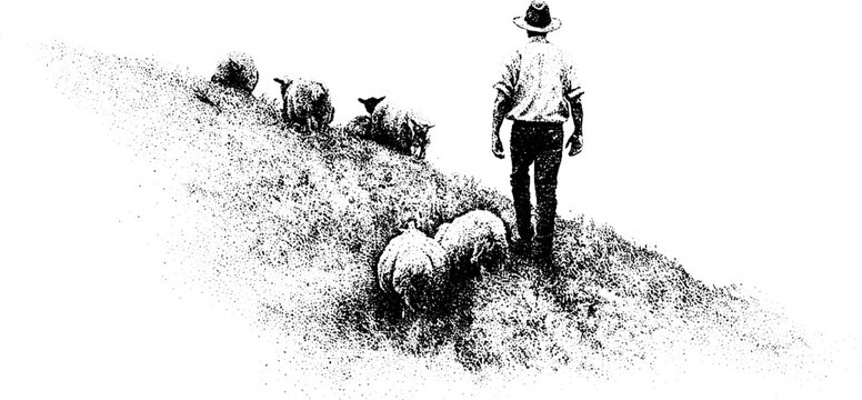 Black and white stippling drawing of a herder walking behind grazing sheep on a sloped grassy hillside for rustic poster or editorial background