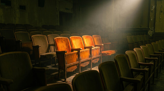 Vintage empty theater seats illuminated by a single spotlight