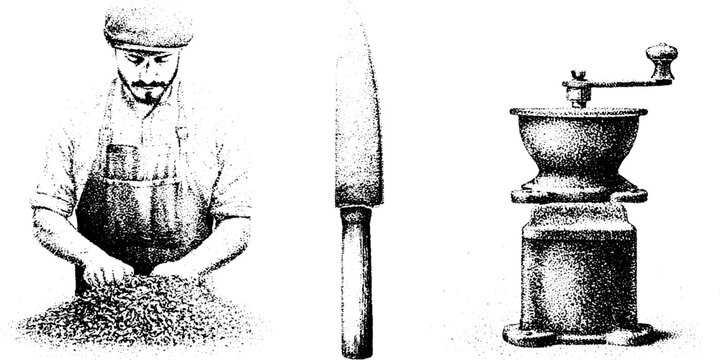 Black and white stippling illustration of a knife maker with grinding tools and steel knife for workshop banner and editorial design