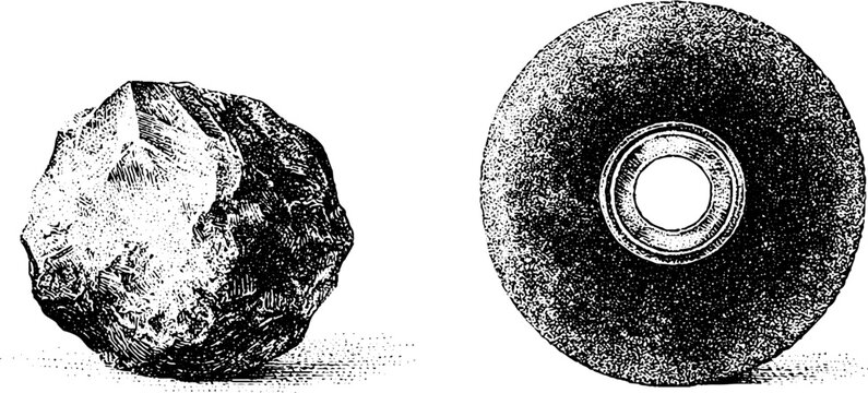 Rough gemstone nodule and cutting wheel disc in black and white stipple engravings for lapidary and workshop background showing grinding and abrasive tools for material design