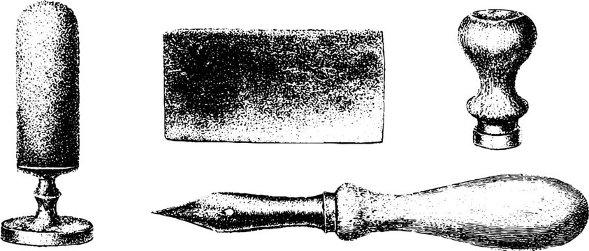 Collection of engraving implements including burin handles plates and stamps in black and white stippled engraving style for design and reference