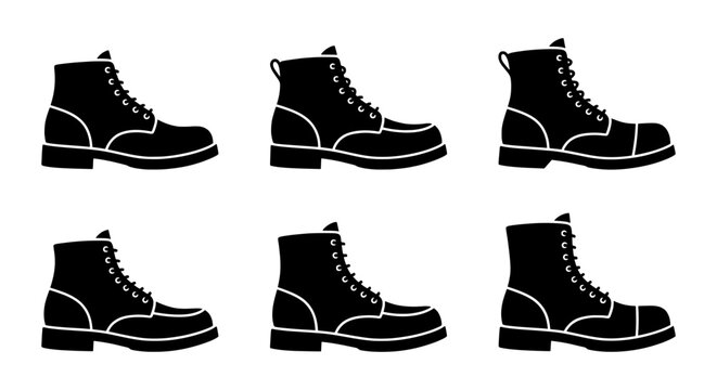 Black Combat Boots Set, Military Style Footwear Icons, Rugged Leather Shoe Graphics, Work Boot Vector Collection