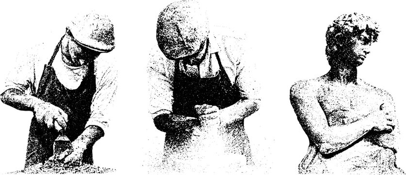 Marble worker chiseling and polishing a statue with finished classical figure in black and white stipple for restoration and historical design