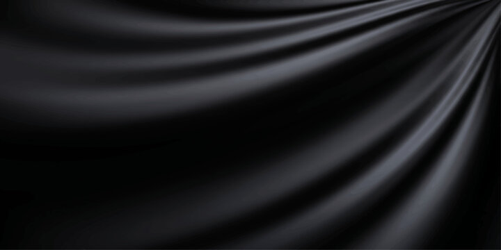Luxury black satin silk fabric background with smooth flowing waves, soft blue light reflections, elegant textile texture, and dark drapery design backdrop