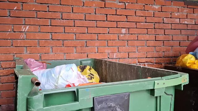 Full trash container with plastic bags and waste against brick wall outdoors, urban pollution and garbage problem. Man throws bag of garbage into large trash can.