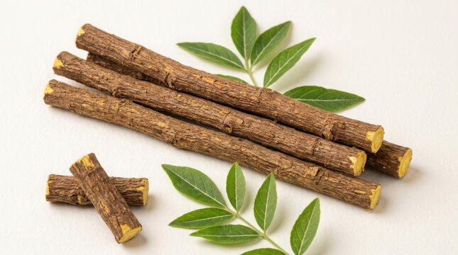A collection of dried brown licorice root sticks arranged neatly on a plain white background alongside several vibrant green compound leaves