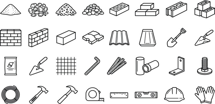 Construction Materials and Building Hardware Line Icon Set Featuring Brick Wall Cement Sand Steel Pipes For Industrial Architecture Engineering Website Layouts