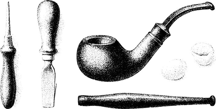 Black and white stippled illustration of pipe carver tools briar pipe and vulcanite mouthpiece for vintage shop label and packaging design