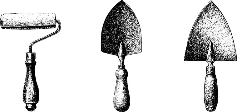 Set of vintage plastering hand tools black and white stippling illustrations with roller trowel and hawk for background and poster design