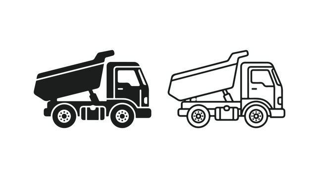 Dump truck vector icons, heavy construction vehicle silhouette and outline set, industrial tipper truck symbols for logistics and building