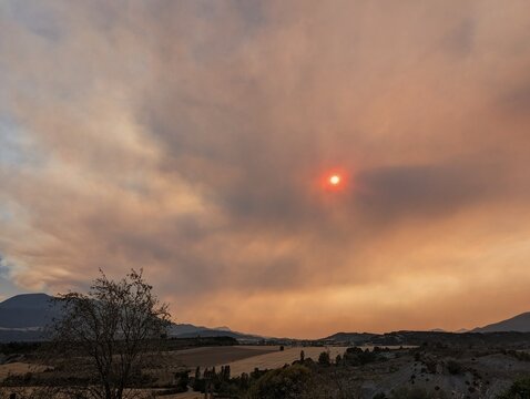 Sky covered in smoke from a fire in the province of Huesca, Aragon, Spain