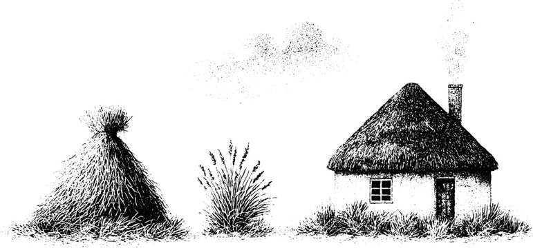 Black and white stipple composition of straw stacks, wild grass and a thatched cottage with smoke from chimney for rural background