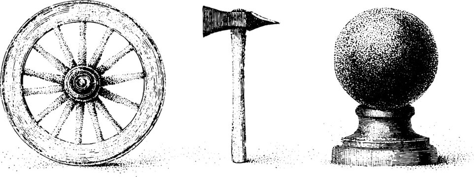 Wooden wheel, carpenter axe and finial black and white stippling illustrations for design background and heritage poster