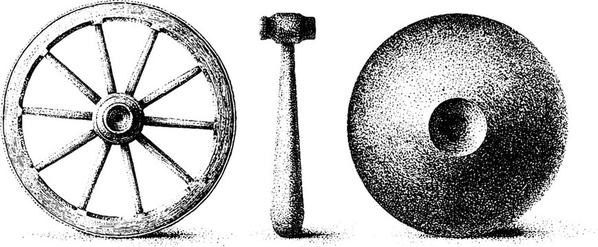 Traditional wagon wheel hub and mallet black and white stippling illustrations for design background and historical poster
