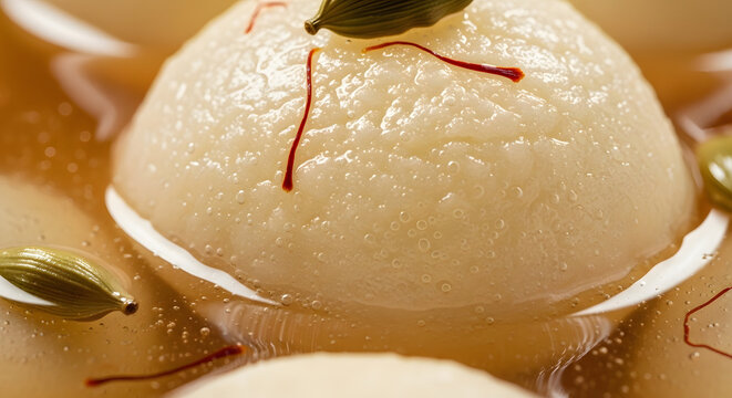 Ras malai dessert sphere is served in a sweet creamy syrup with saffron and cardamom garnish.