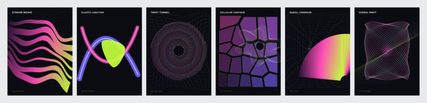 Futuristic abstract poster collection with 6 vector designs, neon gradient geometric shapes on black background, synthwave aesthetic covers