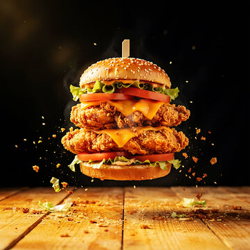 Levitating double decker chicken burger with salad
