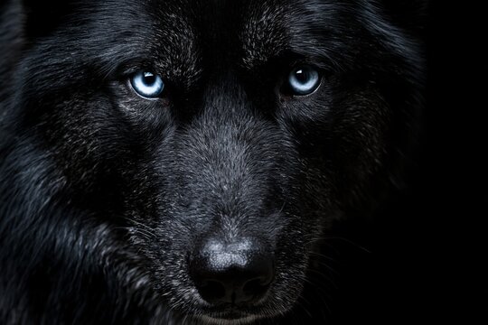 Black adult husky emerging from a dark background with striking blue eyes, dramatic lighting, and highly detailed fur in a cinematic studio portrait
